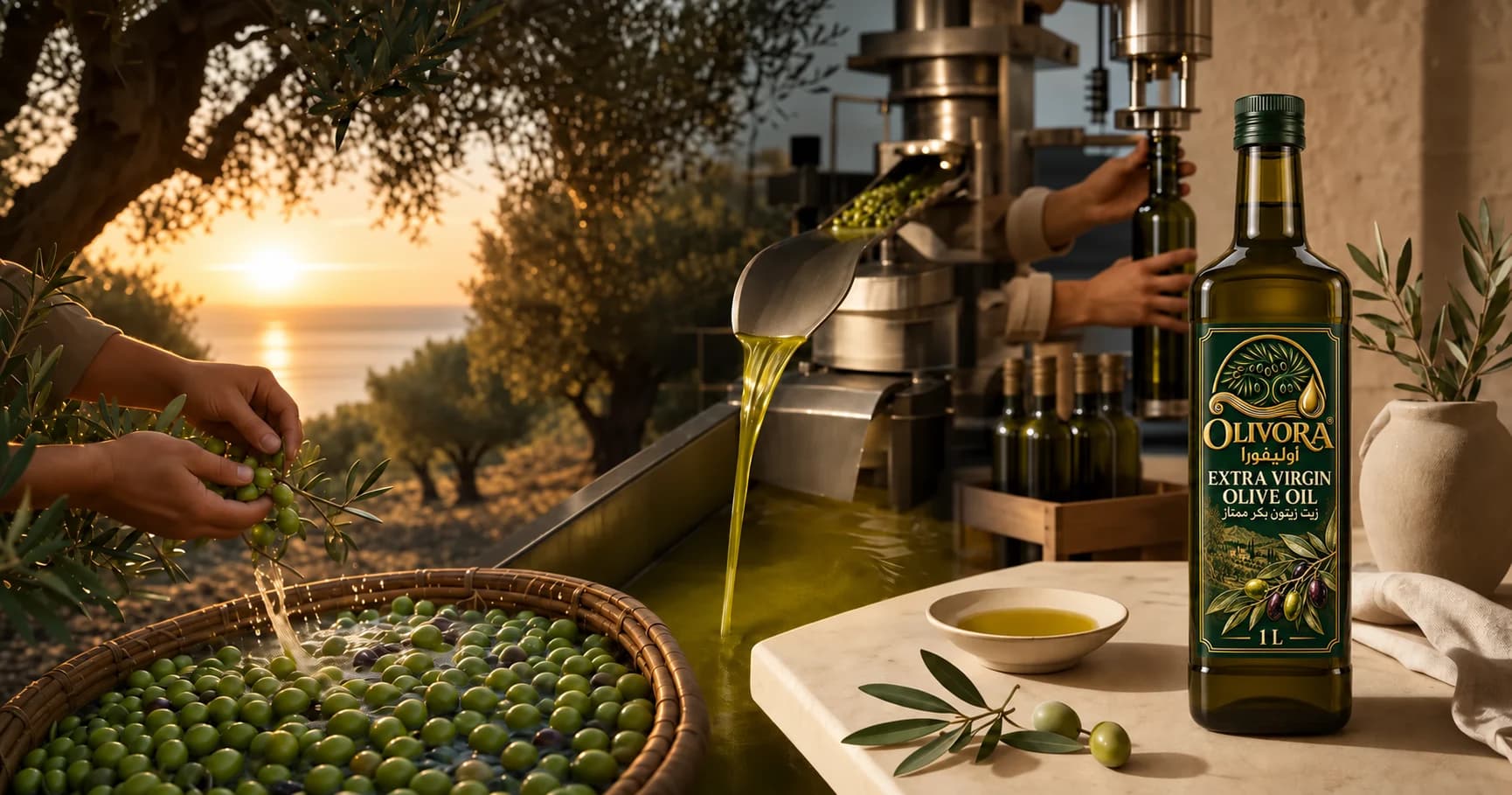 OLIVORA olive harvest, cold pressing and branded 1 L glass bottle
